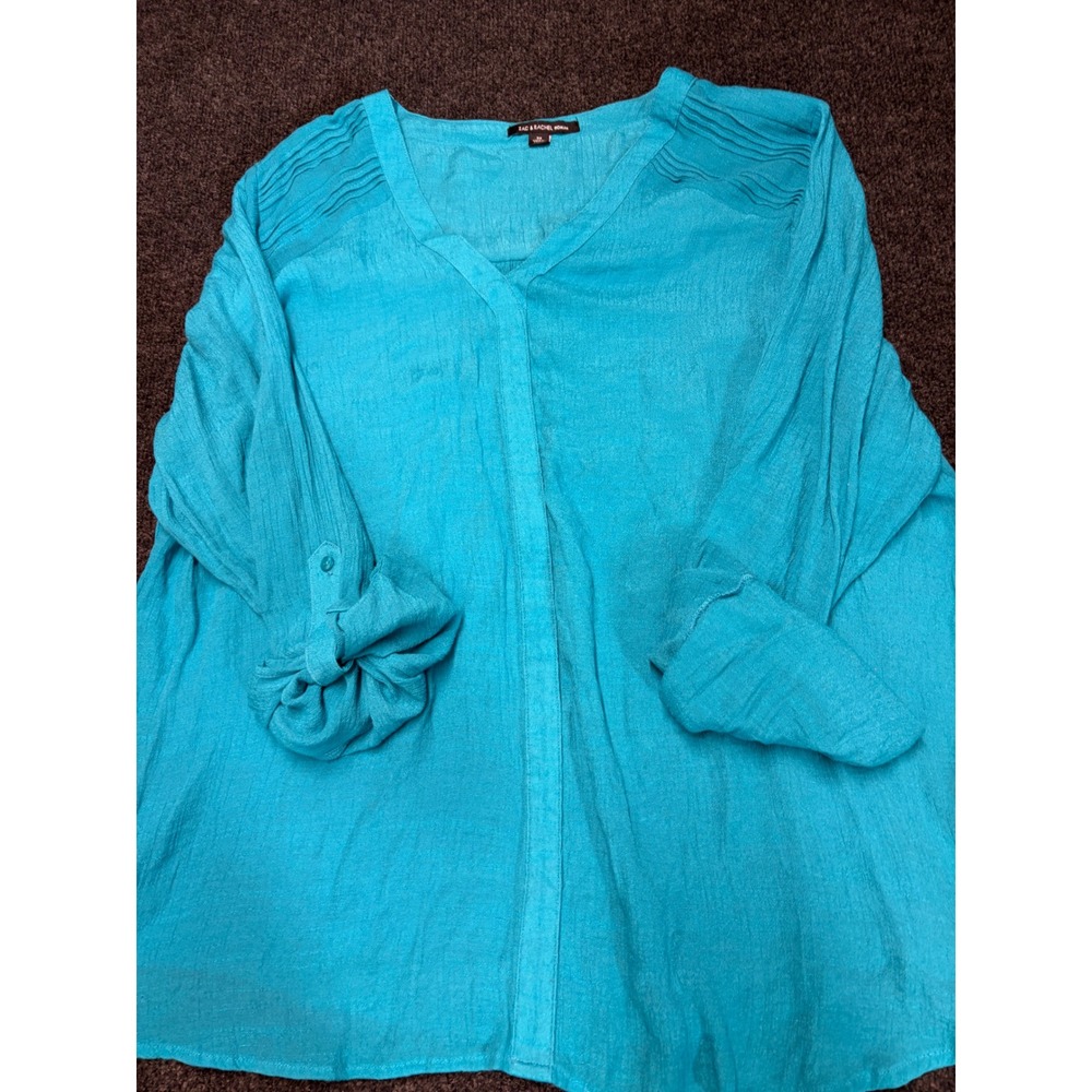 Zac & Rachel‎ Woman Turquoise Blue V-Neck Roll Tab Sleeve Blouse Plus Size 3X